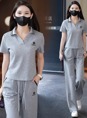 时尚休闲POLO领短袖T恤直筒裤两件套女士夏季新款宽松运动服套装