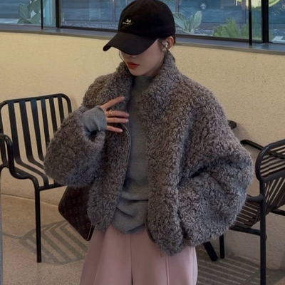 时尚洋气加厚保暖小个子短款外套女士冬季新款休闲显瘦驼马绒上衣