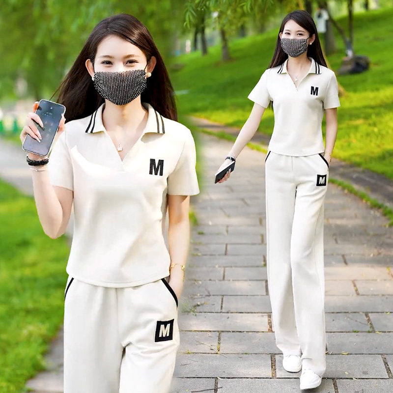 时尚休闲套装女夏季新款洋气质翻领短袖上衣小个子显瘦运动两件套