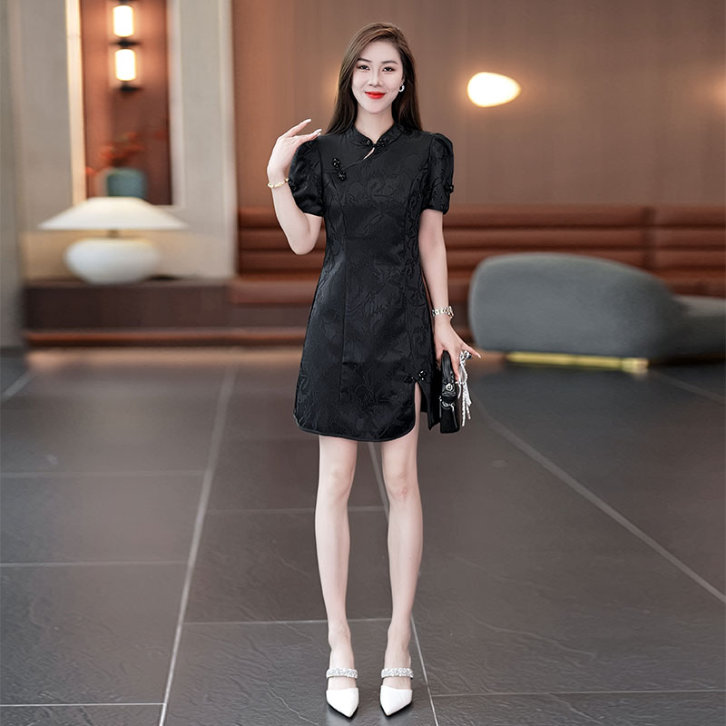 新中式国风改良旗袍连衣裙女2025夏季新款收腰小个子短袖中长裙子
