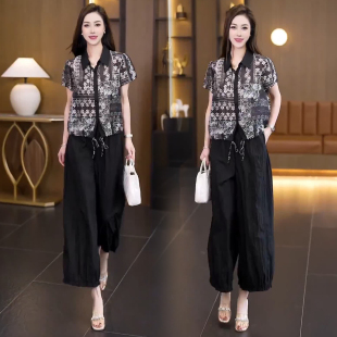 夏季时尚短袖衬衫九分阔腿裤两件套女士宽松显瘦休闲舒适薄款套装