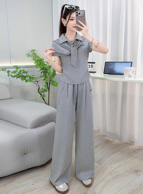 时尚休闲套装女夏季新款条纹披肩短袖阔腿裤两件套显瘦运动服穿搭