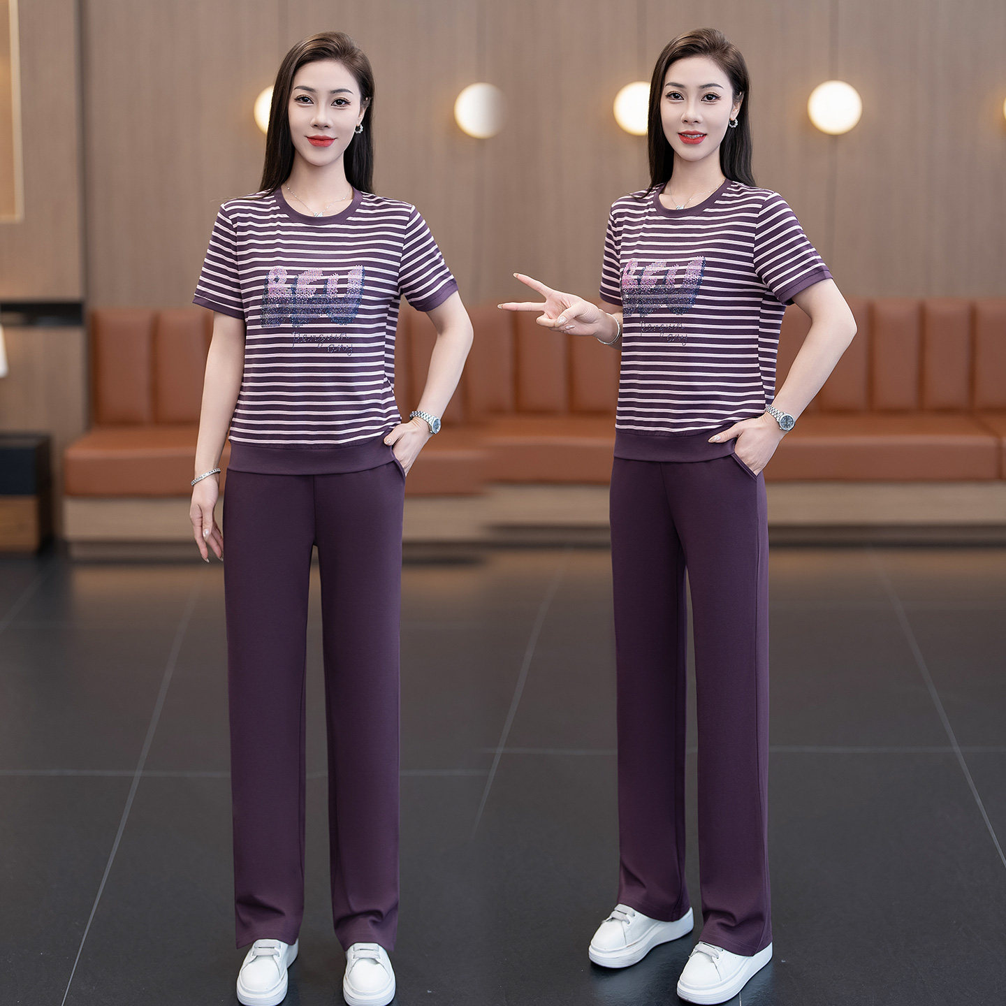 2026夏季新款条纹运动套装女士时尚洋气休闲镶钻短袖直筒裤两件套