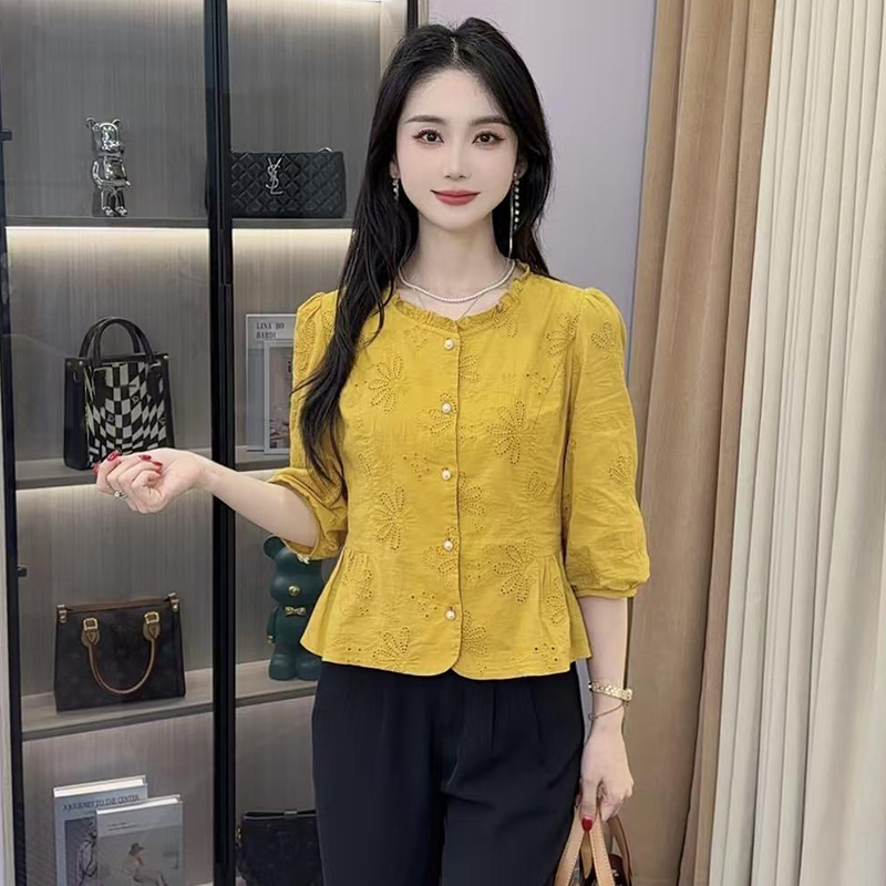 时尚休闲七分袖衬衫女2025夏季新款木耳花边气质洋气显瘦百搭衬衣