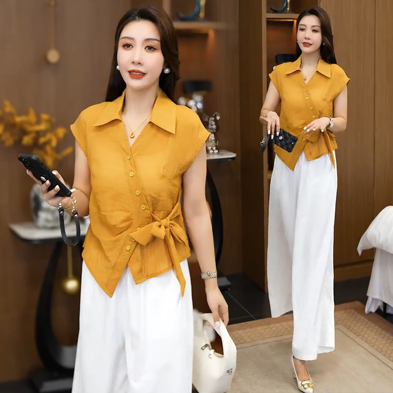 时尚显瘦不规则翻领衬衫阔腿裤两件套女夏季新款洋气减龄时髦套装