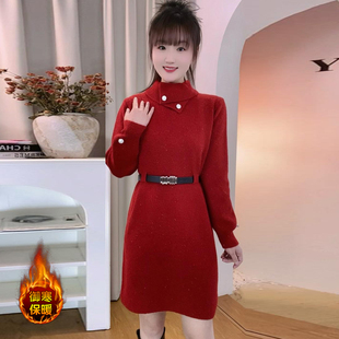 中长款收腰显瘦针织连衣裙女冬季新款时尚气质显瘦半高领打底裙子