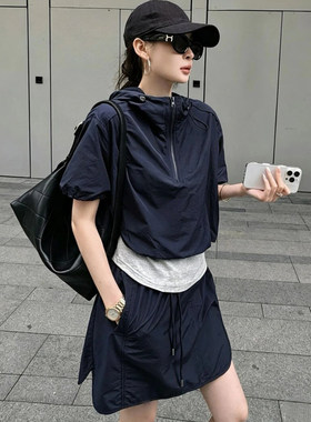 时尚工装风韩系运动套装女夏季新款宽松休闲假两件上衣短裙两件套