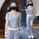 休闲套装 上衣阔腿裤 女夏季 洋气显瘦假两件短袖 两件套 新款 时尚