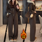 外套阔腿裤 两件套女冬新款 加绒加厚休闲时尚 宽松毛领连帽开衫 套装