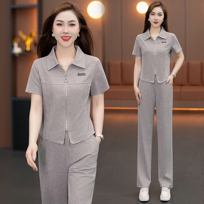 翻领短袖开衫直筒裤两件套女2025夏季新款时尚洋气休闲运动服套装