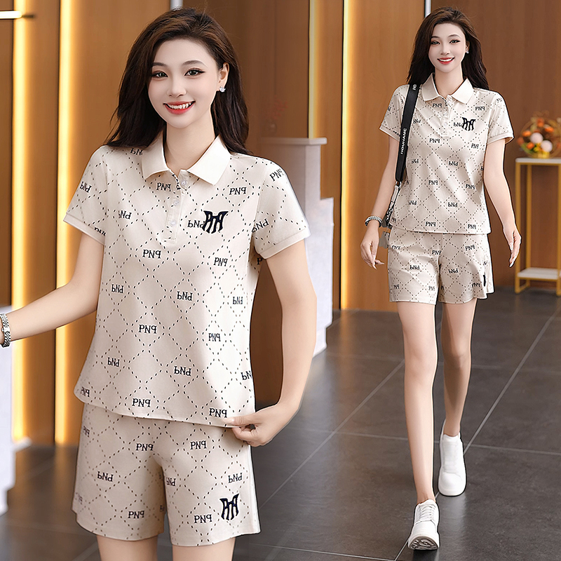 POLO领短袖T恤短裤两件套女夏季新款时尚百搭减龄休闲运动服套装