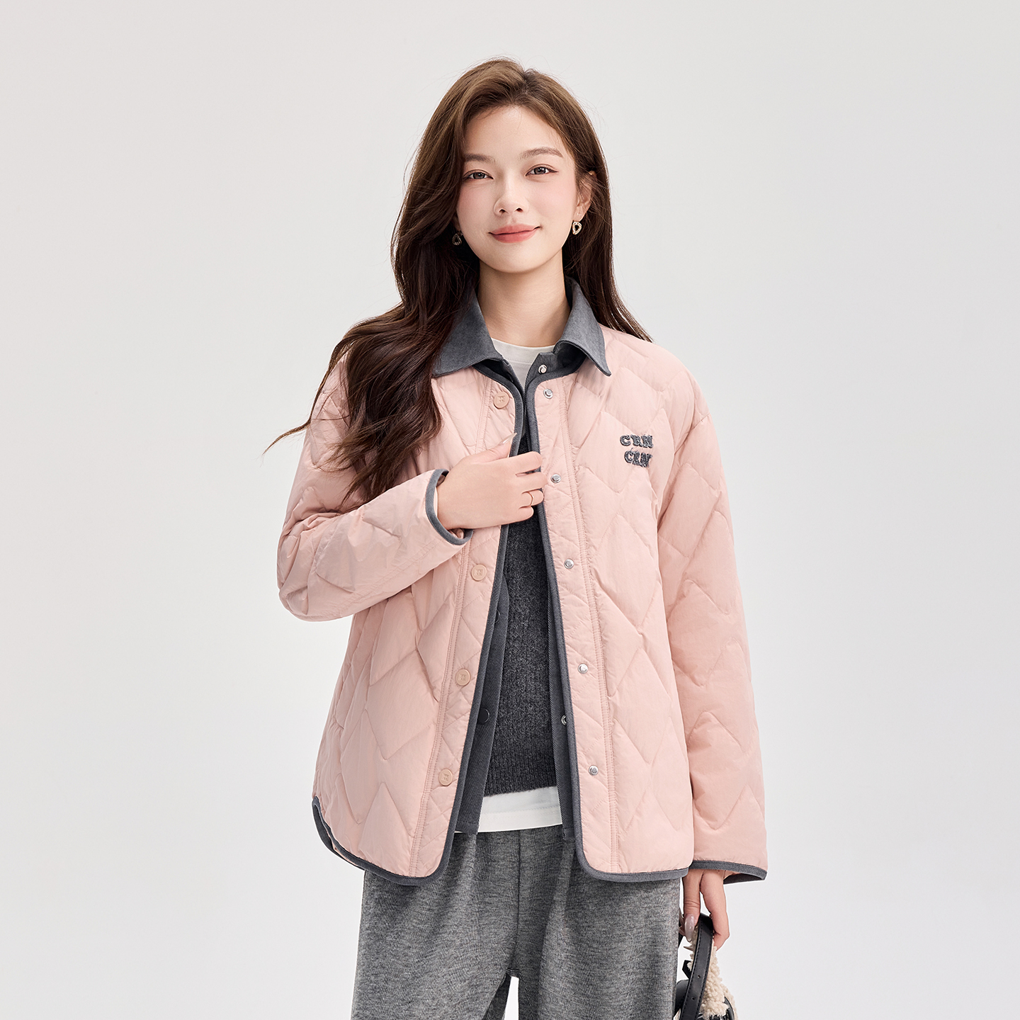 轻薄羽绒服女中长款2025冬季新款翻领菱格纹保暖假两件白鸭绒外套