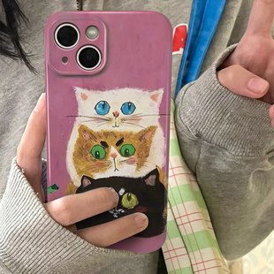 可爱三只小花猫适用iPhone15苹果手机壳14plus防摔16promax13小众网红不会撞壳二合一菲林12软壳15Pro外壳潮
