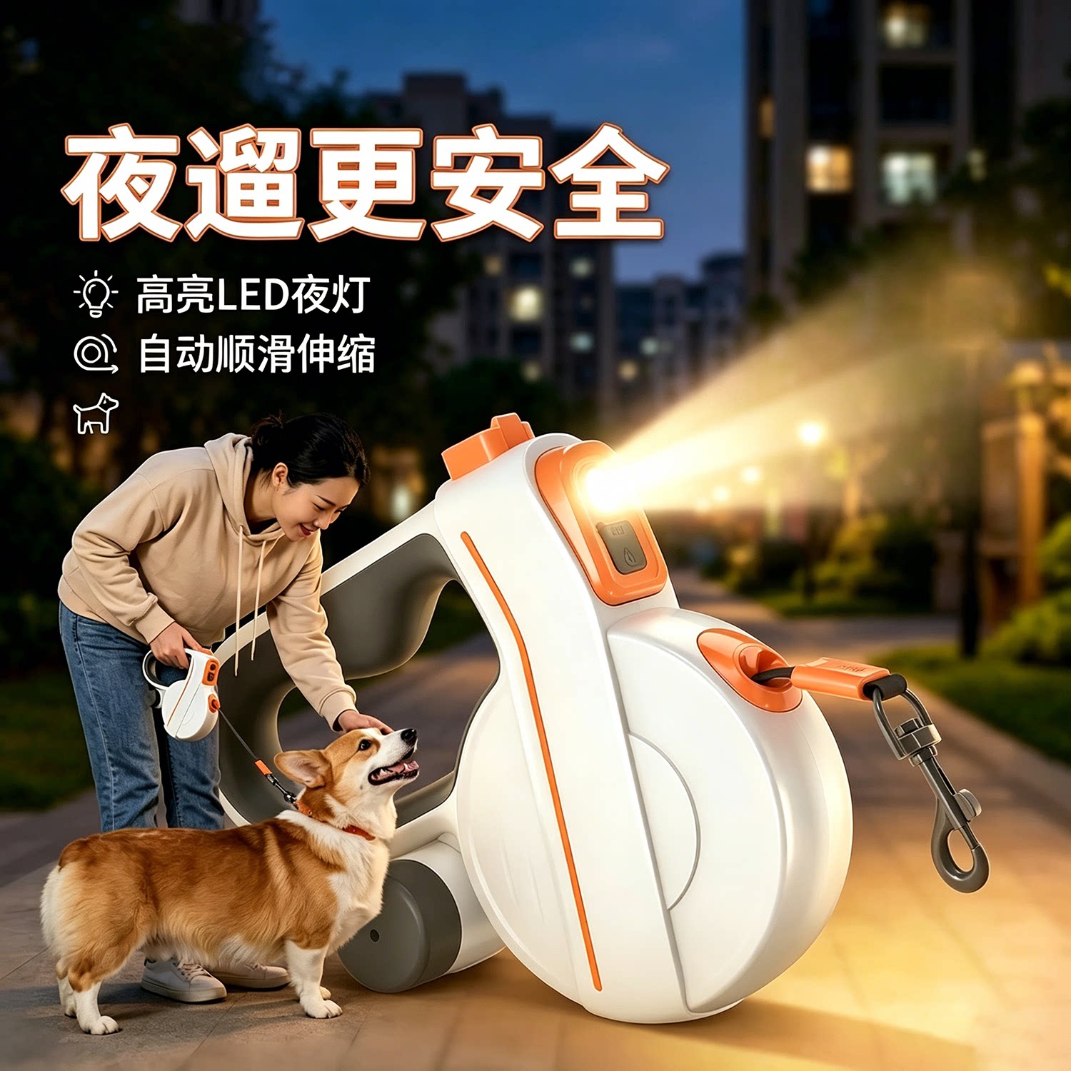 手电筒遛狗绳自动伸缩反光牵引绳图片