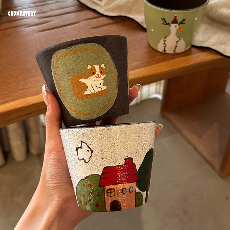 cupmystery景德镇手绘房子动物手握杯猪口杯咖啡杯小众拿铁拉花杯