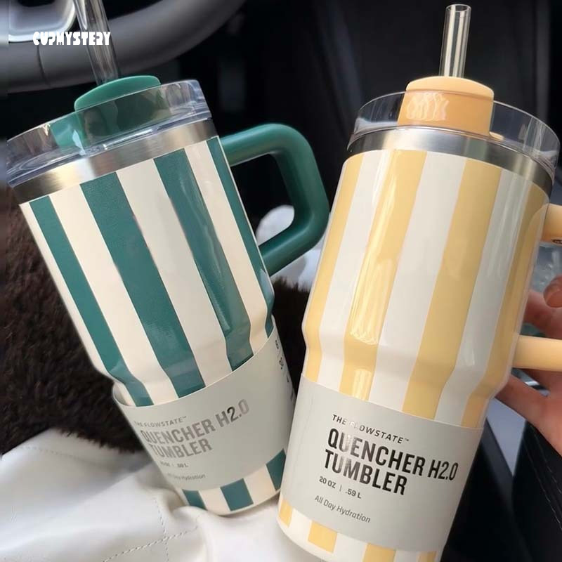 cup mystery 条纹手柄304不锈钢真空保温杯大容量户外便携吸管杯