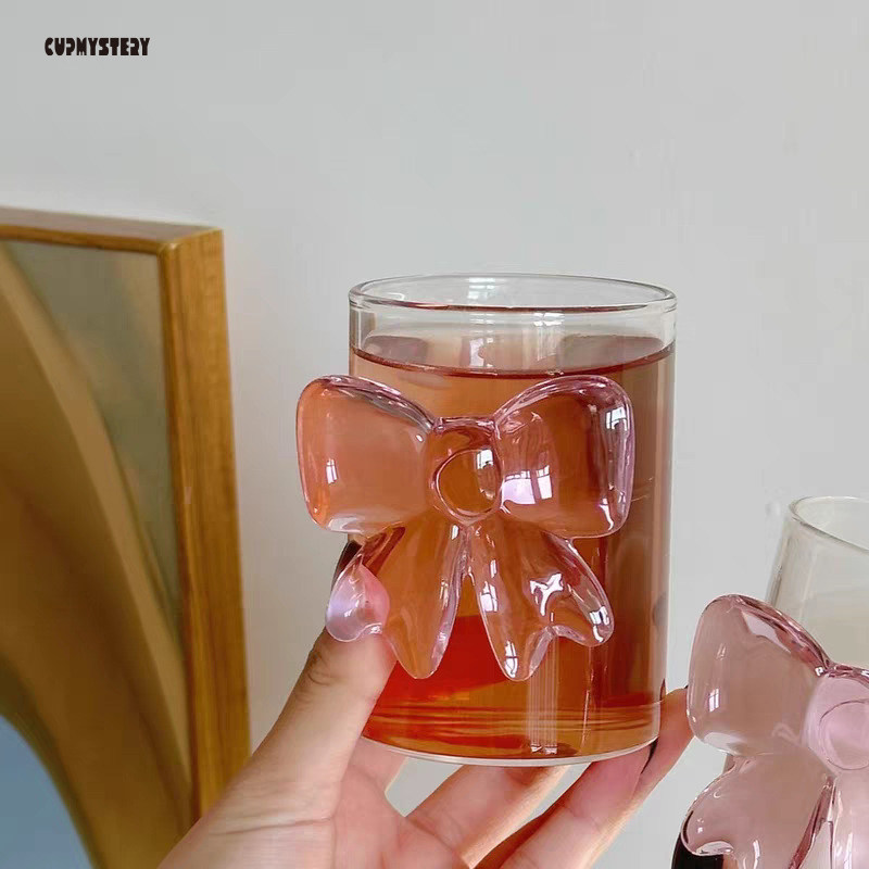 cupmystery粉色领结公主玻璃果汁ins高颜值马克杯大蝴蝶结玻璃杯图片
