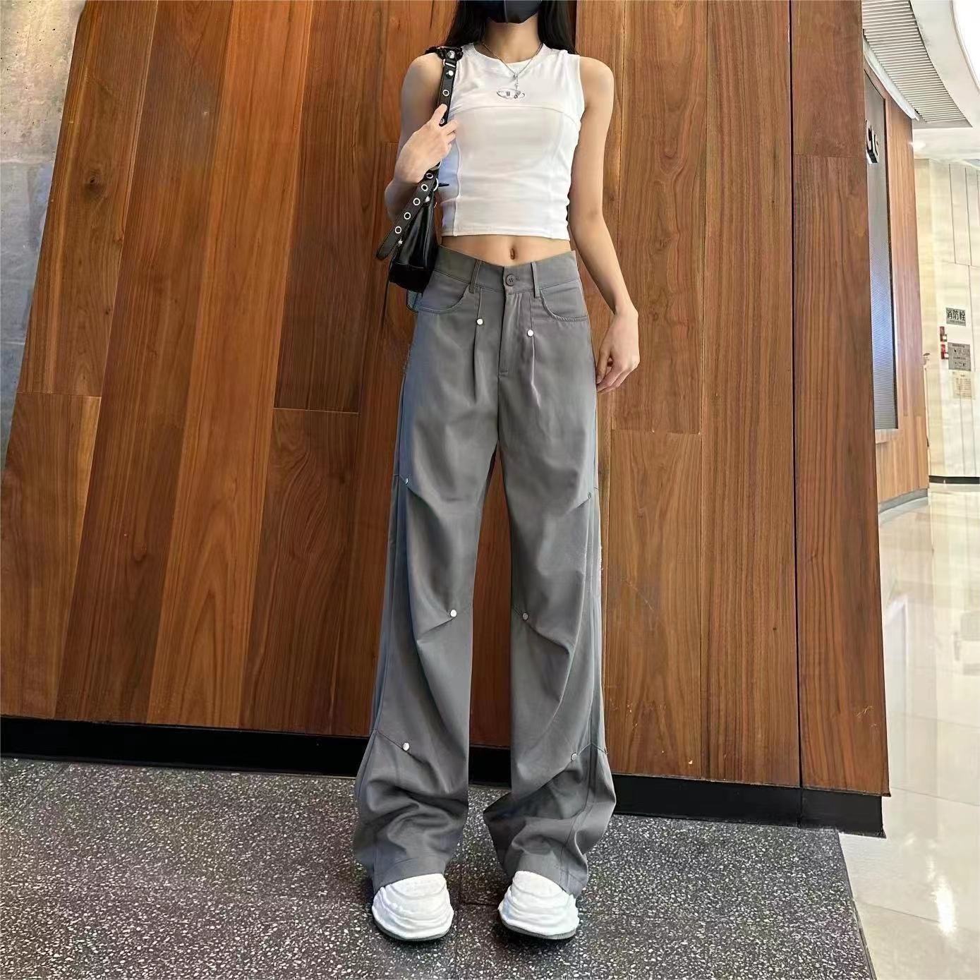 美式工装裤女黑色2025春夏柳钉设计宽松显瘦垂感灰色休闲裤阔腿裤