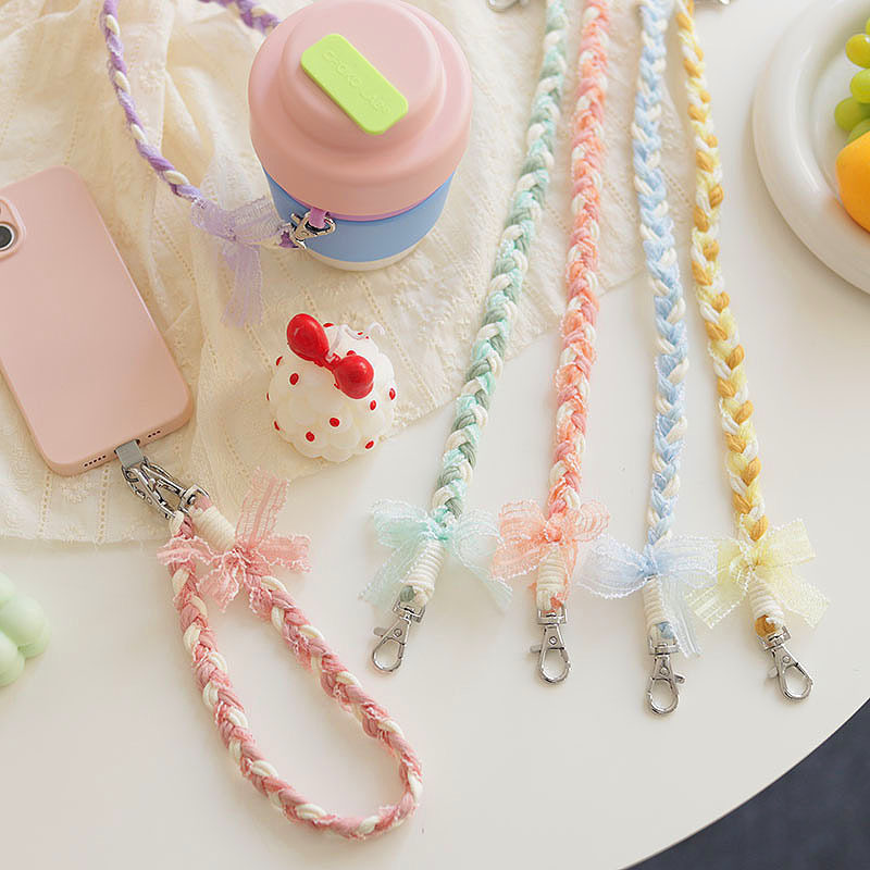 2025春夏糖果色蝴蝶结手机链可爱少女蕾丝编织手机挂绳水杯手提绳