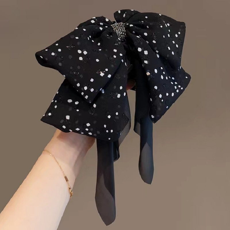 韩版撞色复古波点水钻蝴蝶结抓夹飘带马尾发夹气质盘发鲨鱼夹