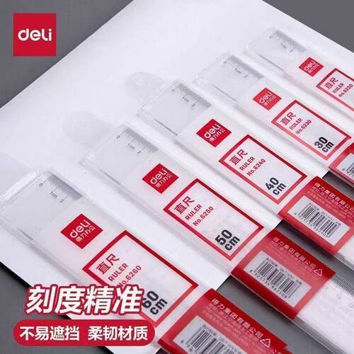 得力透明直尺30厘米初中生尺子20cm小学生专用15cm带波浪线40cm刻度尺50cm工程绘图60cm加厚塑料1米一米直尺