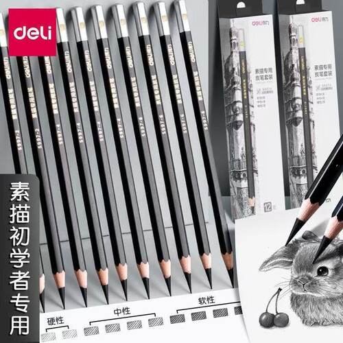 得力素描铅笔套装炭笔全套2b学生用工具专业美术生用品专用6b初学者手绘速写绘图碳软中硬笔8b画笔组合12比4b