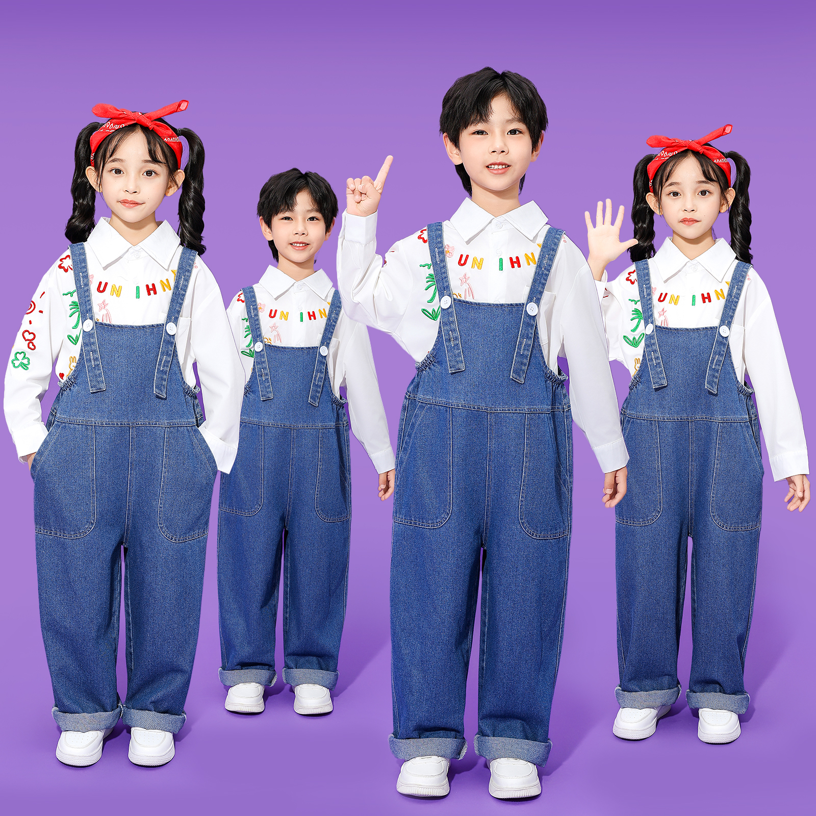 小学生合唱舞蹈服装幼儿园元旦表演服背带裤套装儿童啦啦队演出服