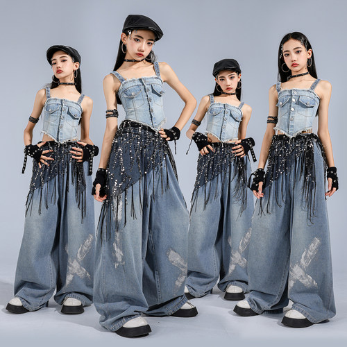 女童爵士舞服装儿童街舞潮服酷帅表演服夏女团舞蹈演出服牛仔套装