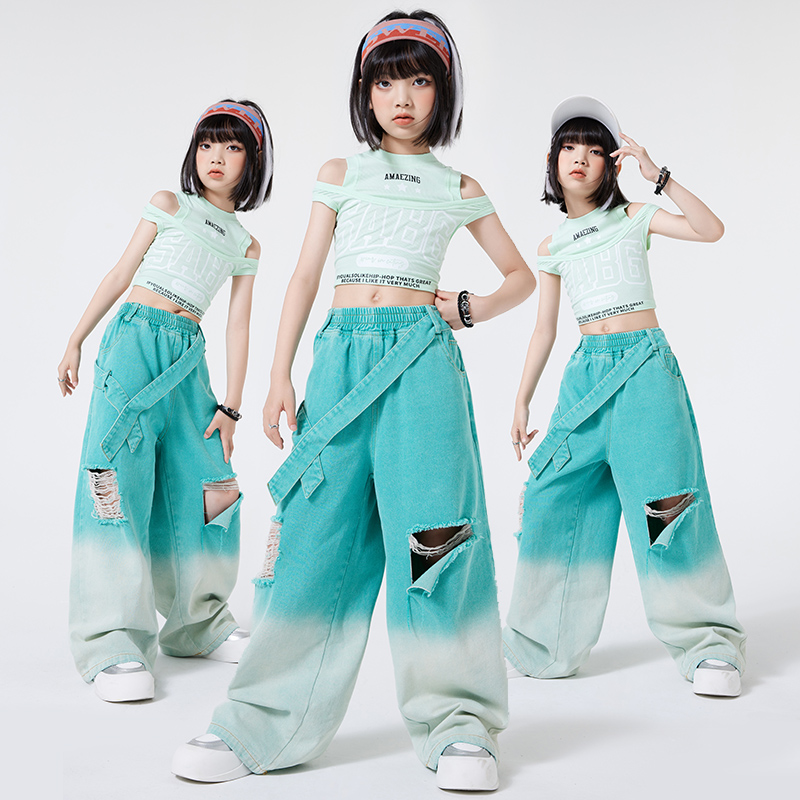女童爵士舞服装套装演出服儿童街舞潮服表演服时髦jazz露脐装夏季