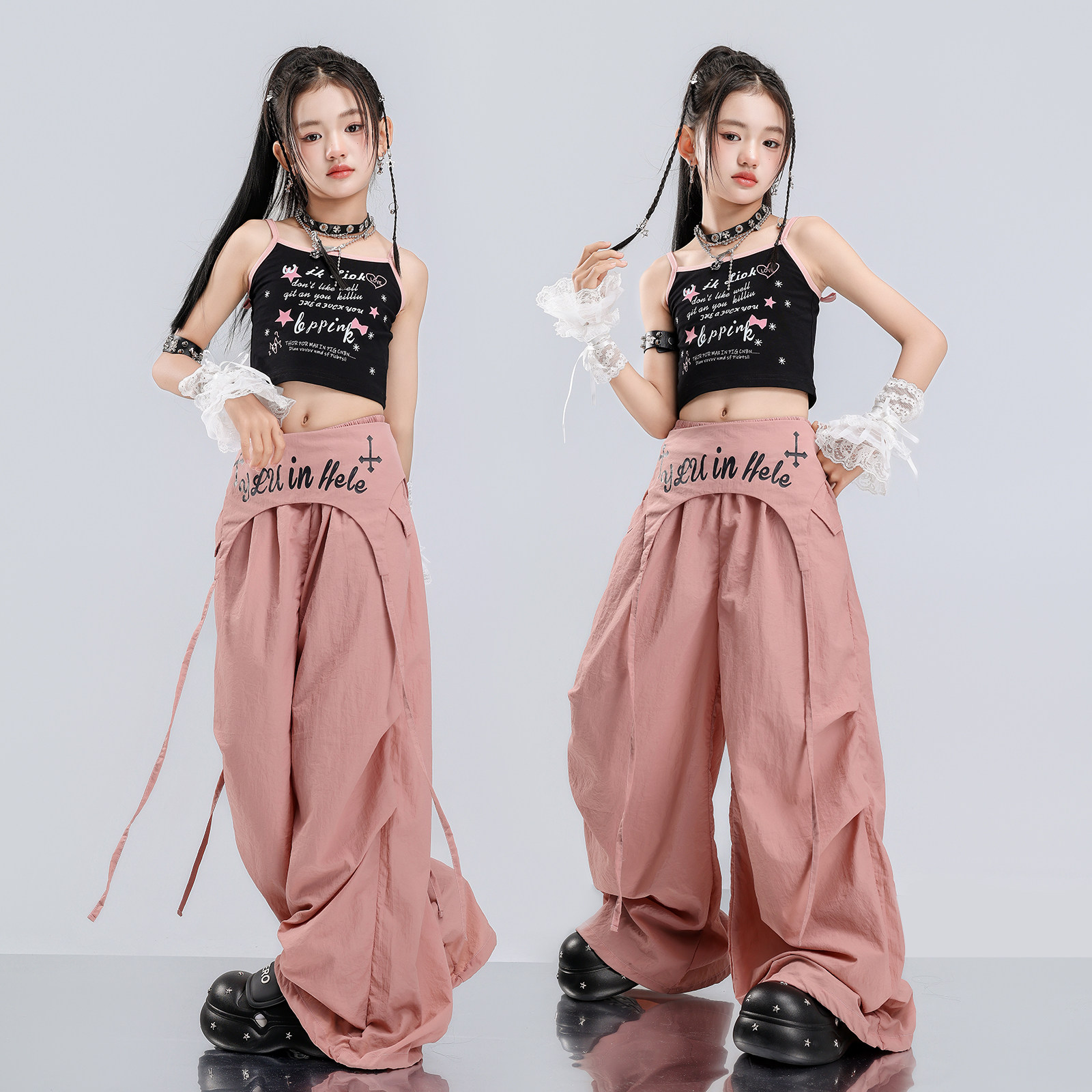 女童爵士舞服装少儿JAZZ演出服甜酷女团街舞表演服舞台装露脐套装