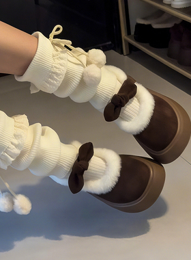 蝴蝶结蕾丝堆堆袜冬季加厚配靴子袜套胖mm粗腿中筒袜毛线针织袜子