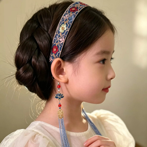 古风刺绣花朵发箍女童汉服吊坠新中式儿童中秋表演造型头饰发饰