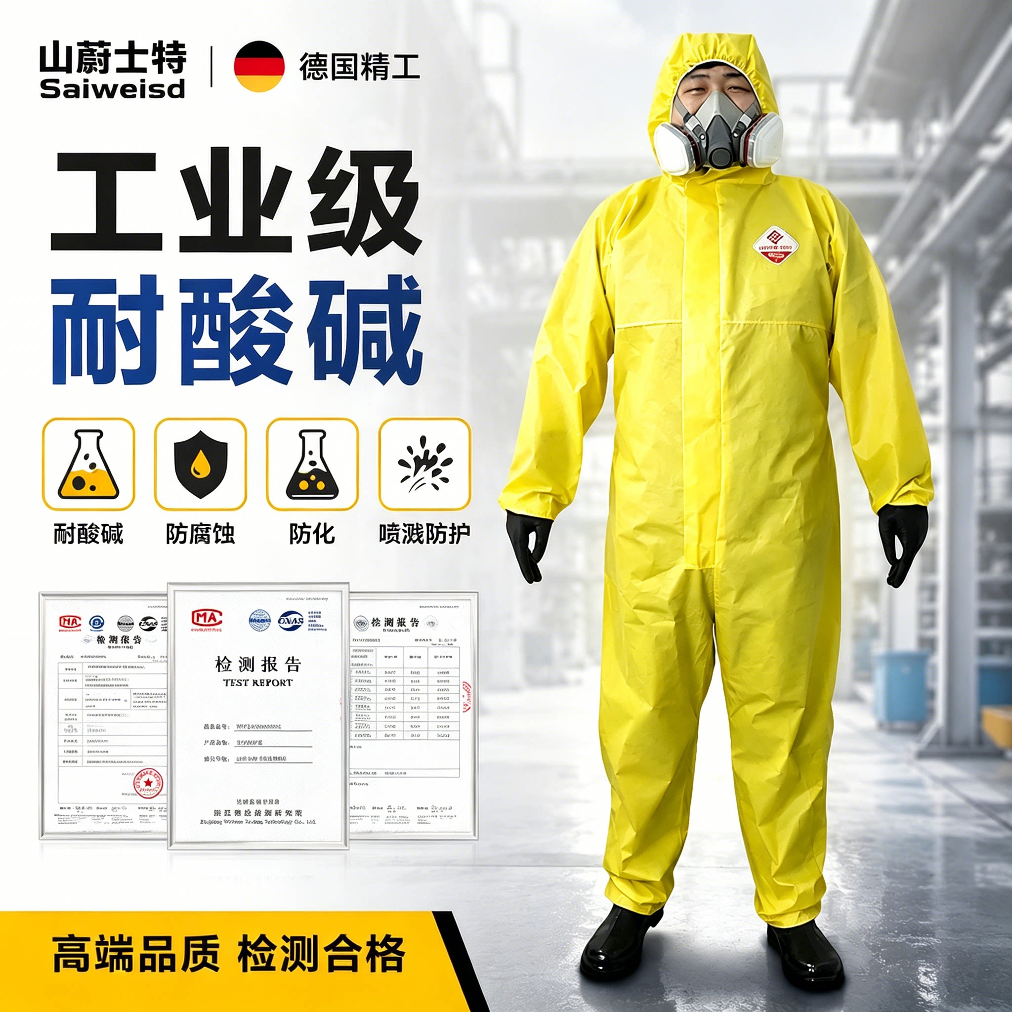 防化服连体全身耐酸碱防护服带帽实验室化学化工防毒面具耐腐蚀