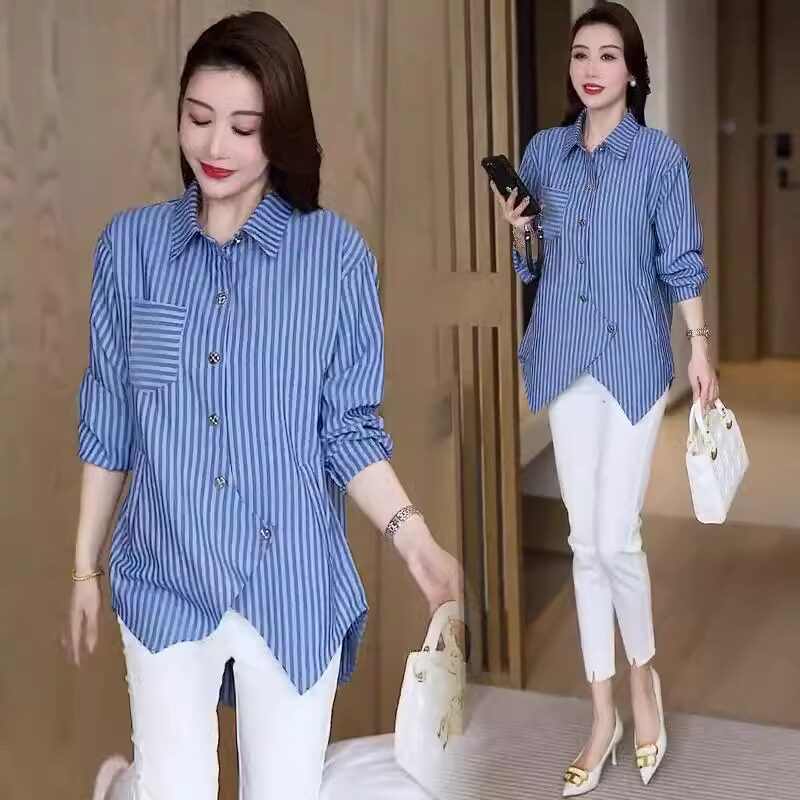 时尚长袖衬衫女2025春季新款竖条纹不规则上衣中长款显瘦遮肉衬衣