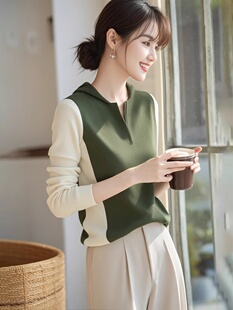 连帽毛衣小众设计感上衣 女装 2025秋冬新款 绿色v领宽松加厚针织衫