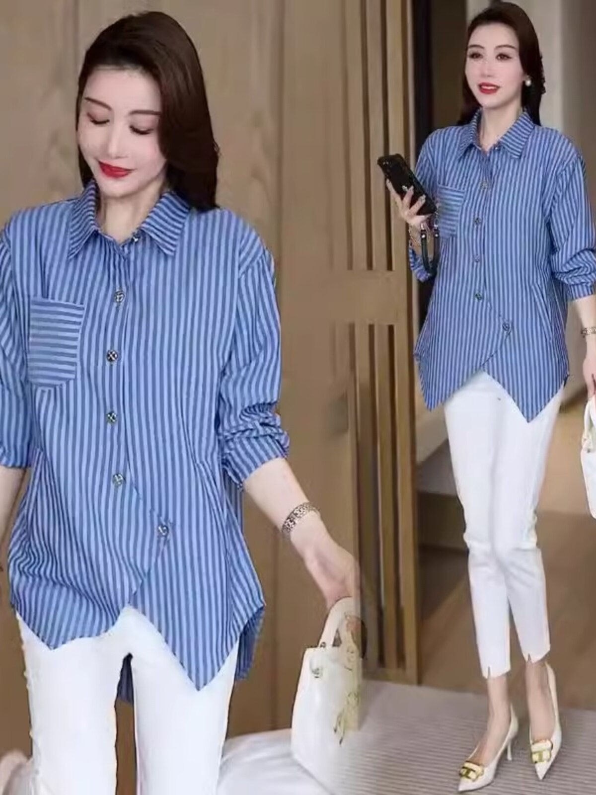 时尚长袖衬衫女2025春季新款竖条纹不规则上衣中长款显瘦遮肉衬衣