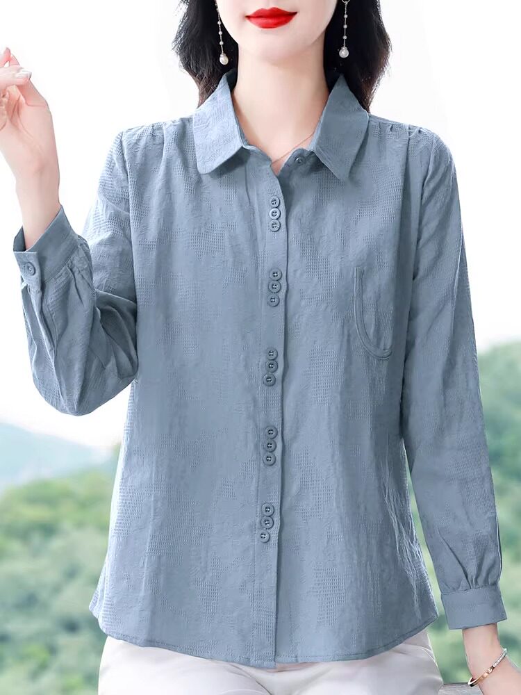 高端提花长袖棉麻衬衫女士中年妈妈春装时尚大码亚麻上衣洋气衬衣