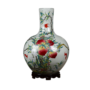 景德镇陶瓷仿古乾隆粉彩九桃天球大号花瓶中式家居客厅装饰品摆件