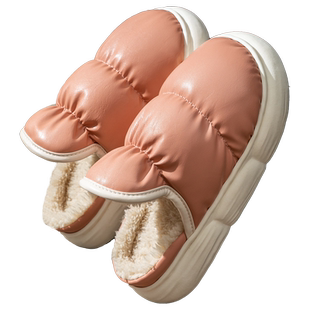 2026年新款外穿皮拖鞋女款皮面棉拖鞋女士冬季男家居厚底防滑包跟