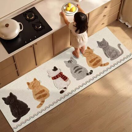 卡通猫咪厨房长条硅藻泥吸水防滑脚垫耐脏耐磨易打理垫玄关长条垫
