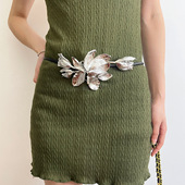 日系coopkoop欧美复古金色郁金香花朵腰带女个性 黑色皮绳裙子