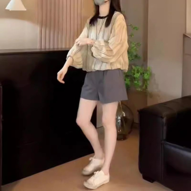 日系coopkoop夏季新款高级感圆领长袖防晒上衣休闲短裤女