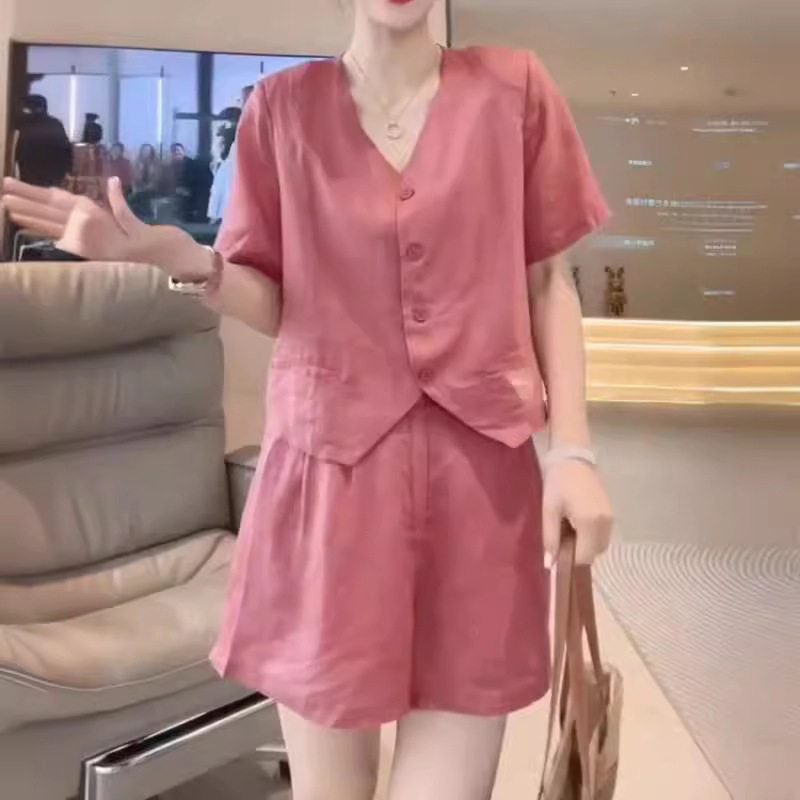 日系coopkoop夏季新款色简约时尚棉麻套装洋气显瘦