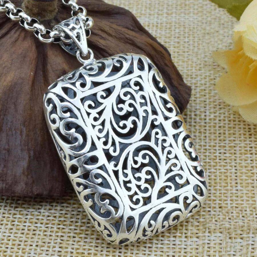 日系coopkoop925银秋冬复古泰银镂空长方形吊坠  女款毛衣链大吊