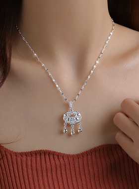 日系coopkoop925银平安锁项链女轻奢小众新款潮长命锁吊坠简约