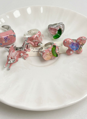 日系CoopKoop多巴胺粉色爱心蝴蝶珐琅滴釉开口戒指女新款冷淡风