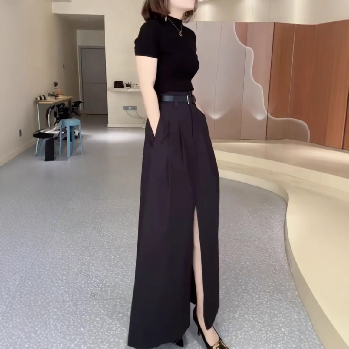 日系coopkoop新款时尚净版修身打底衫高腰开叉半身长裙女