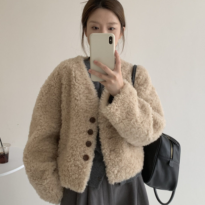 日系coopkoop100绵羊羔毛冬季新款羊剪绒皮毛一体皮草外套女v领
