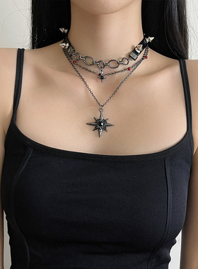 日系CoopKoopy2k辣妹星芒铆钉皮革项圈choker暗黑朋克多层项链