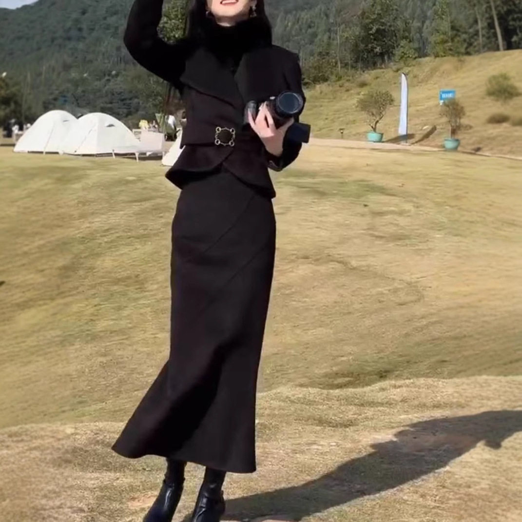 日系coopkoop新款高级感时尚套装大翻领洋气修身两件套女